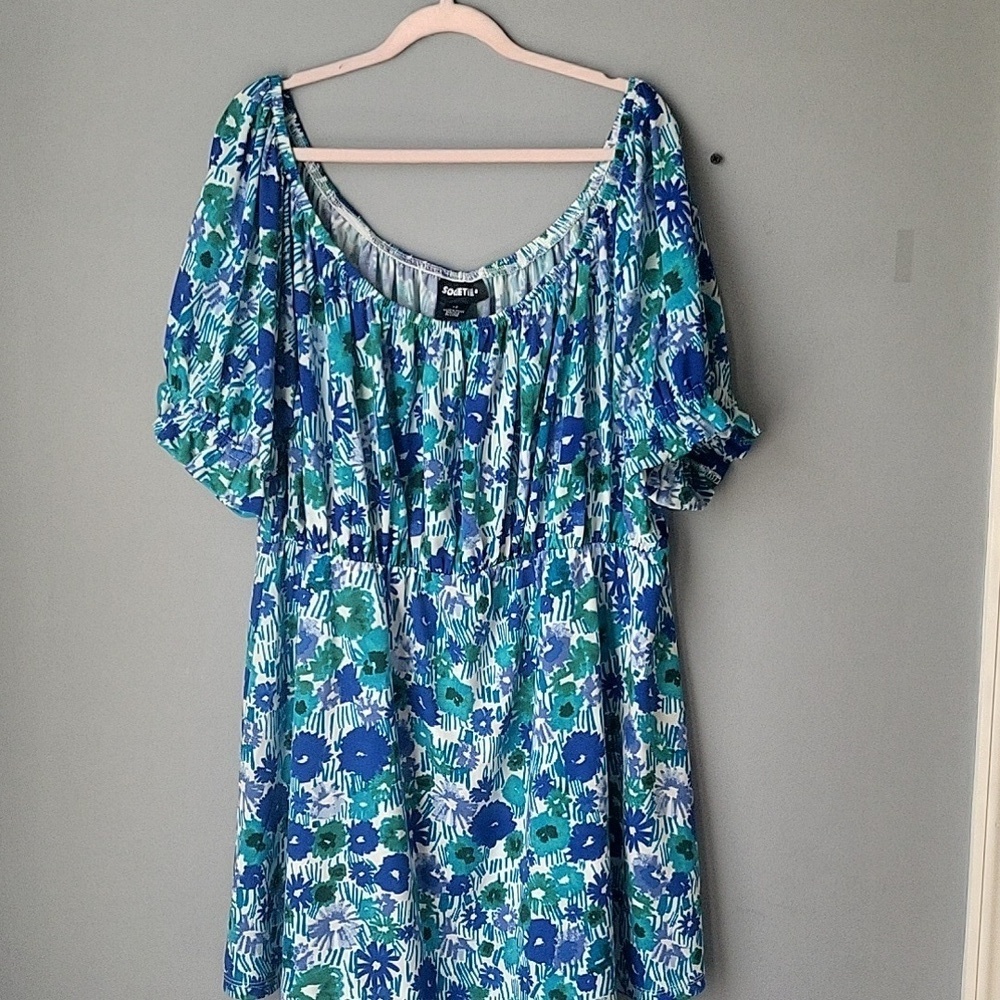 Societie stretchy blue floral print elastic neck knit top